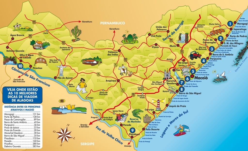 mapa turístico de Alagoas com praias