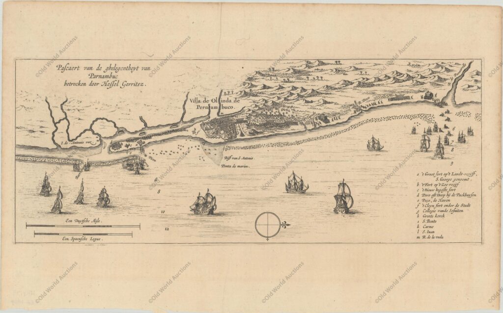 Esta é uma rara e fascinante visão aérea de Olinda e do litoral pernambucano baseada na obra de Hessel Gerritsz, que é creditado no título. Ilustra o ataque e a captura do assentamento português de Olinda por uma frota holandesa sob o comando de Hendrick Corneliszoon Loncq em 1630. Foi publicado na história da Holanda de Emmanuel van Meteren.