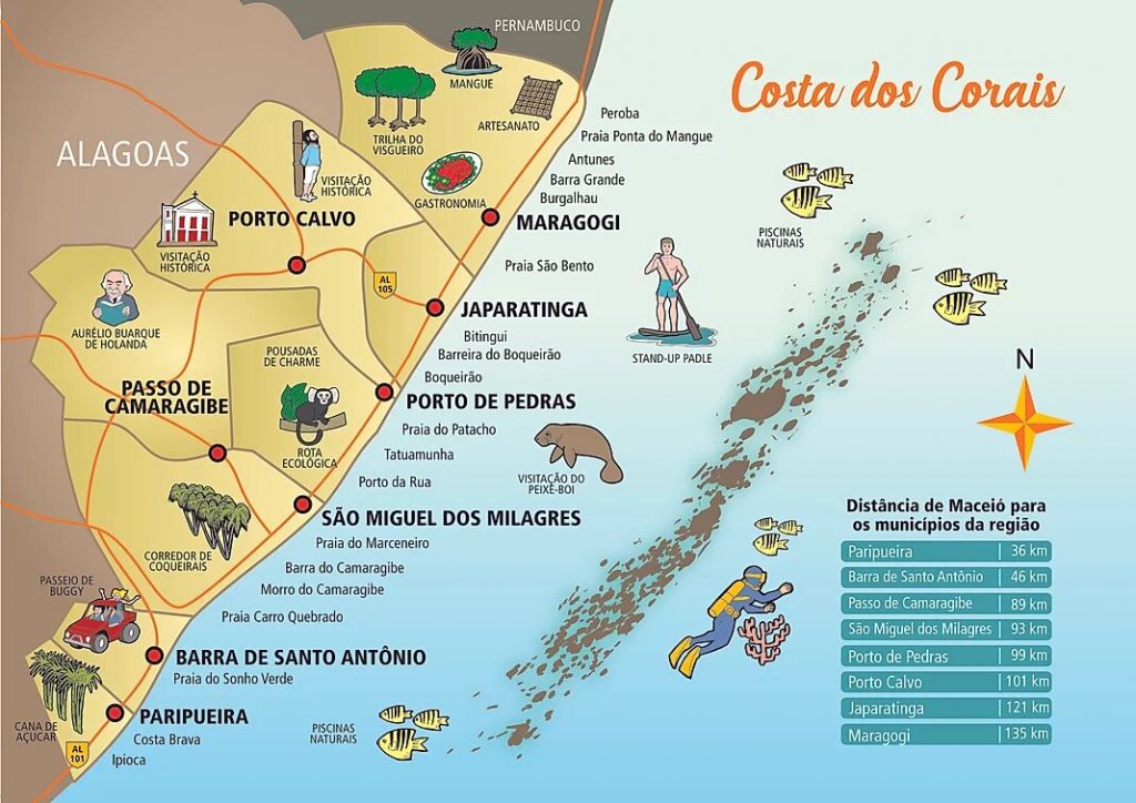mapa da Costa dos Corais em Alagoas
