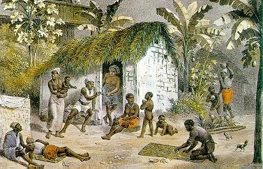 Habitação de negros. Rugendas, 1822-1825. Em algumas fazendas podíamos encontrar escravos com casa própria, embora fossem residências medíocres. 