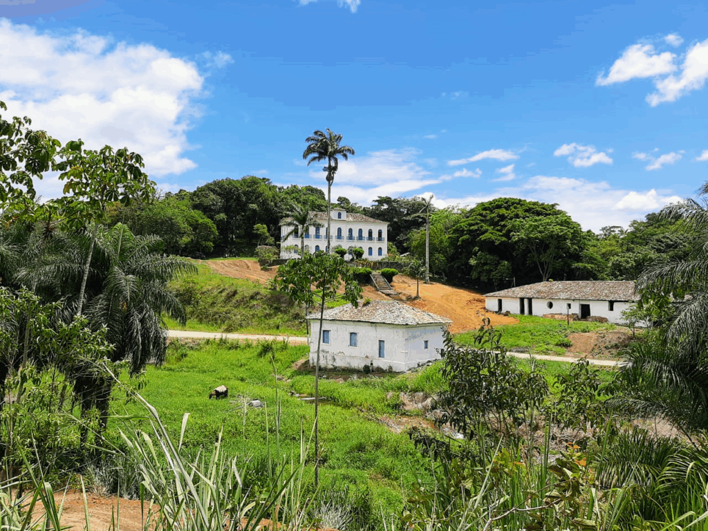 Engenho Gaipió. Ao fundo, a Casa-grande; ao centro, o Armazém de Açúcar e à direita, a Casa de Purgar.