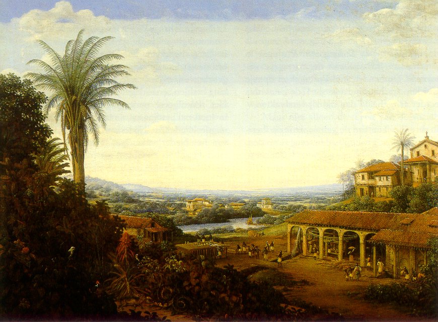 Paisagem com plantação (O Engenho), por Frans Post (1668) Paisagem com plantação (O Engenho), por Frans Post (1668). Nesta imagem da segunda metade do século XVII observa-se o tripé constituído por engenho, casa grande e capela. Ao fundo, vêem-se casas dispersas na paisagem - moradias de escravos e de lavradores de cana radicados próximos aos engenhos. Nota-se também detalhes da vida de um engenho real, isto é, movido por roda d'água:: casa de moenda, casa de purgar e batimento dos pães de açúcar ao ar livre.